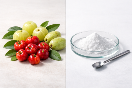 Natural vitamin C sources from plants compared to powder synthetic ascorbic acid