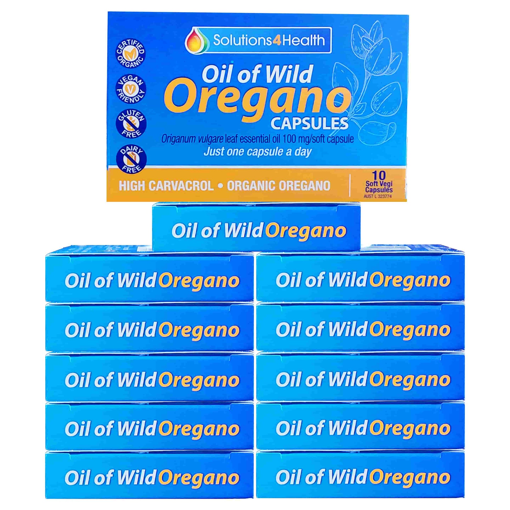twelve packets of Oil of Wild Oregano 10 Capsule Blister packets