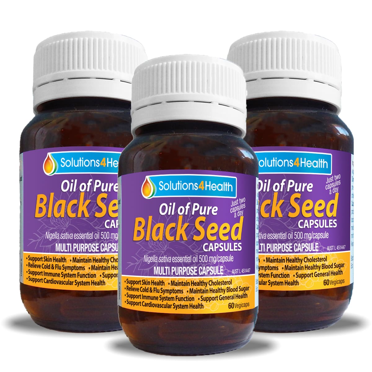 three bottles of oil of pure black seed 60 capsule bottles