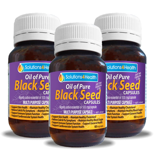 three bottles of oil of pure black seed 60 capsule bottles