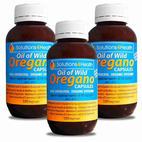 three bottles of oil of wild oregano 120 capsule bottles
