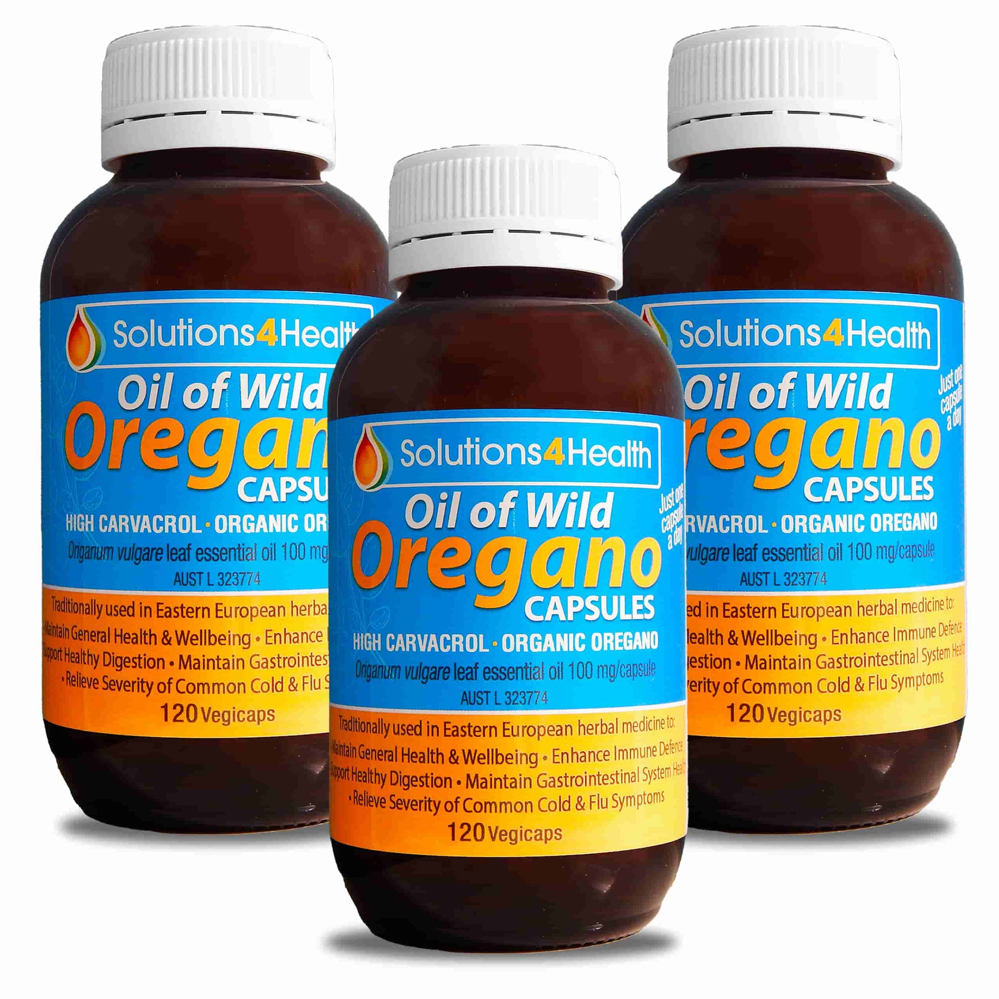three bottles of oil of wild oregano 120 capsule bottles