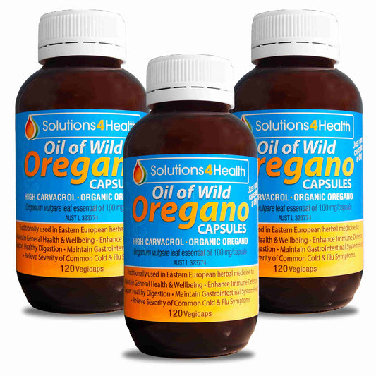 three bottles of oil of wild oregano 120 capsule bottles