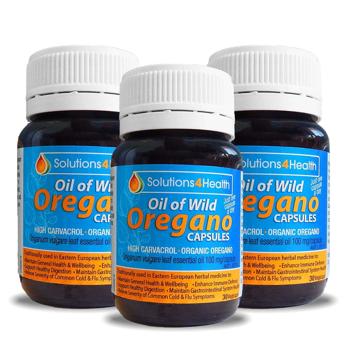 Three bottles of Oil of Wild Oregano 30 Capsules on a white background