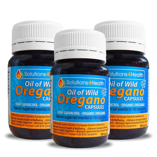Three bottles of Oil of Wild Oregano 30 Capsules on a white background