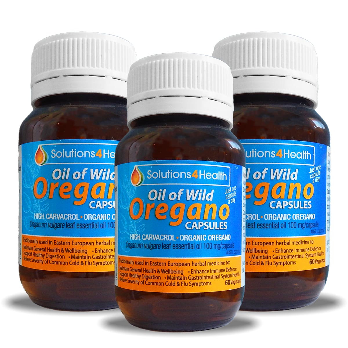 Three bottles of Solutions4Health Oil of Wild Oregano Capsules on a white background