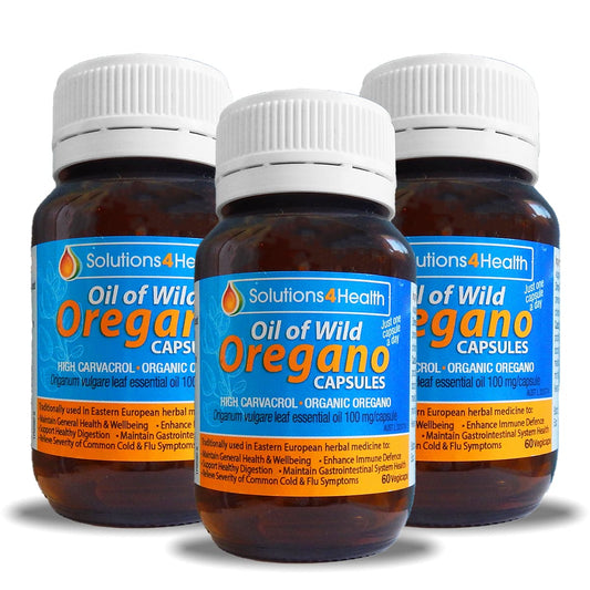 Three bottles of Solutions4Health Oil of Wild Oregano Capsules on a white background