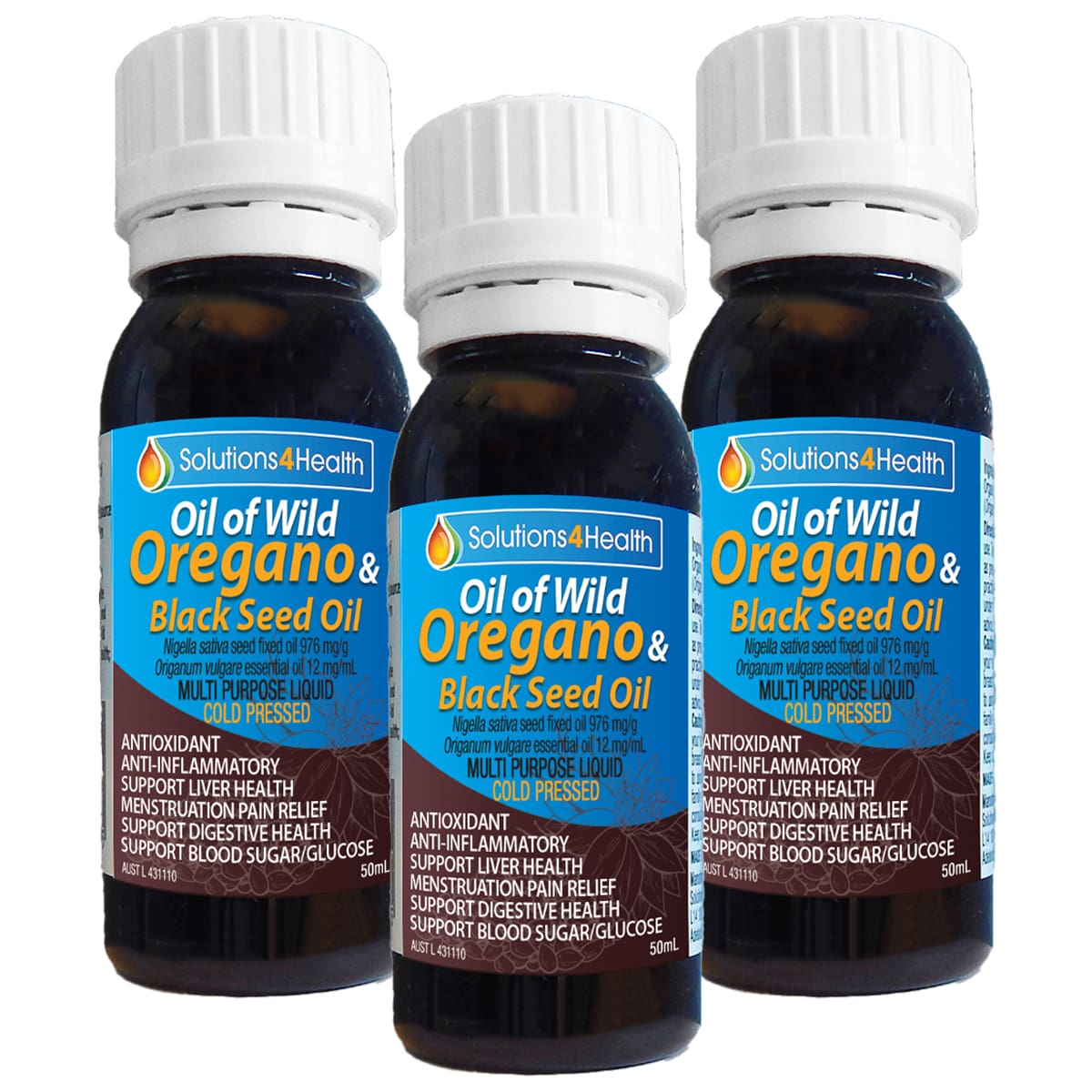 Three bottles of Oil of Wild Oregano & Black Seed Oil on a white background