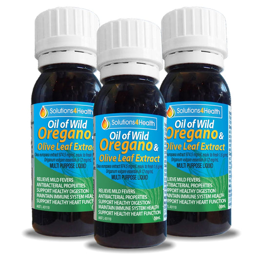 Three bottles of Oil of Wild Oregano & Olive Leaf Extract on a white background