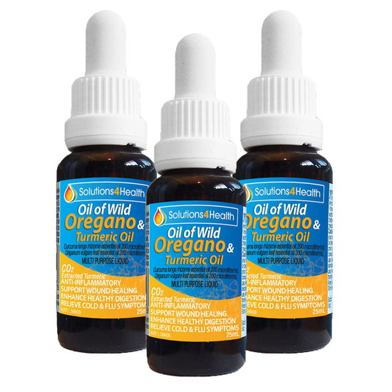three bottles of Oil of wild oregano & turmeric oil 25ml bottle