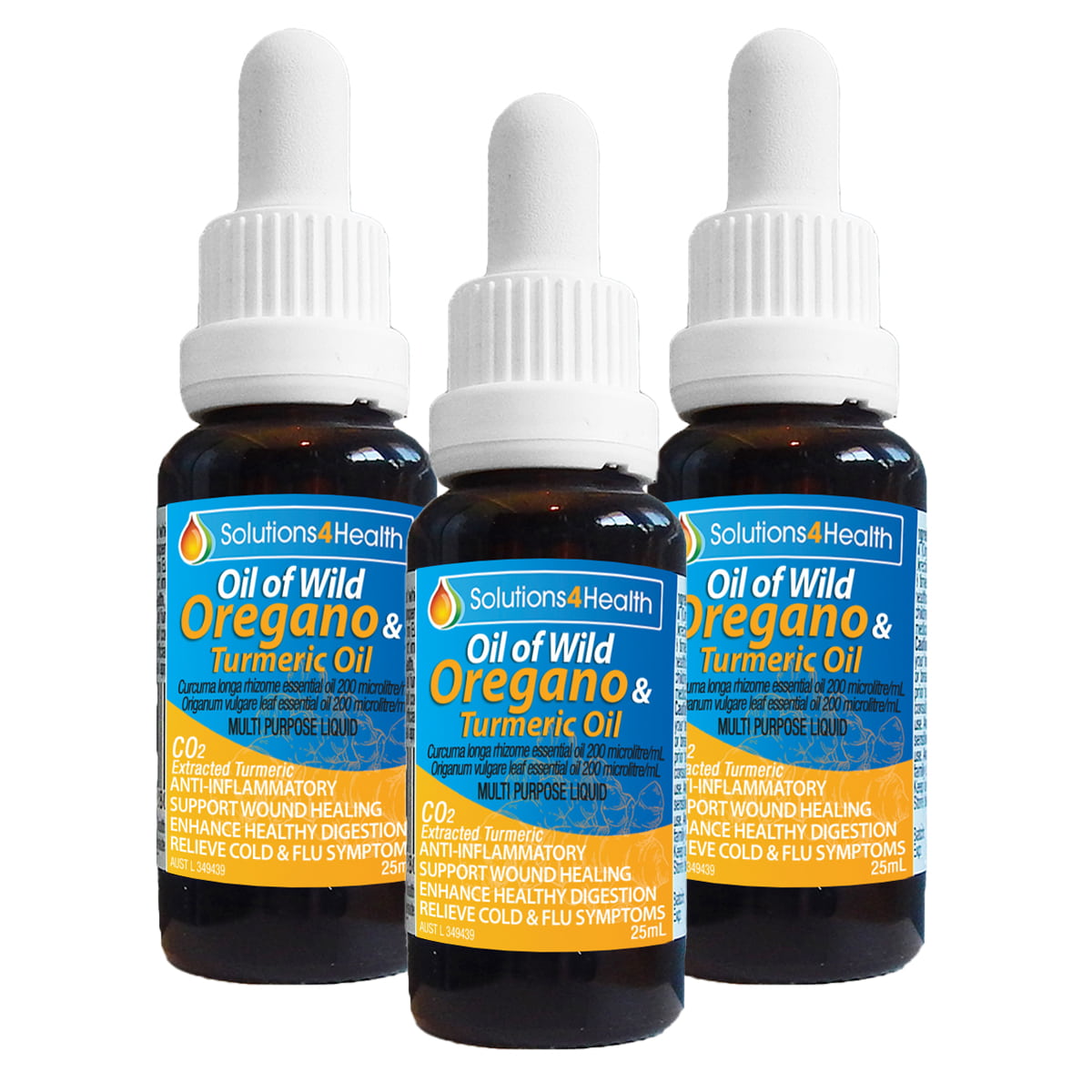 three bottles of Oil of wild oregano & turmeric oil 25ml bottle