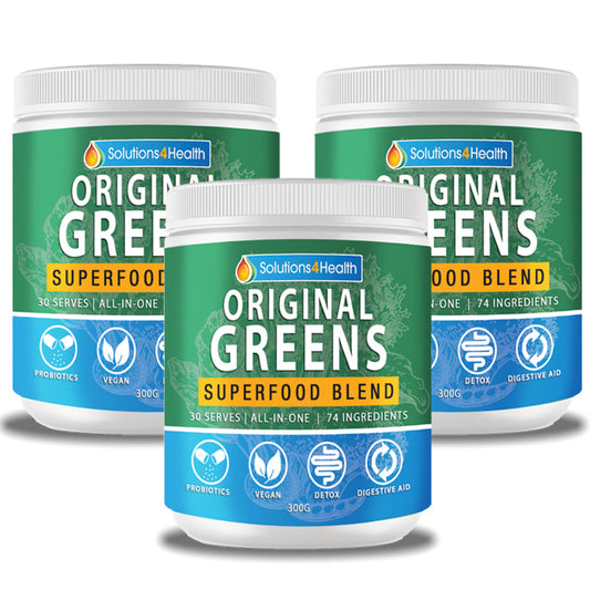 three tubs of Original greens superfood blend on white background