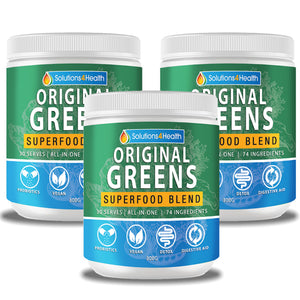 three tubs of Original greens superfood blend on white background