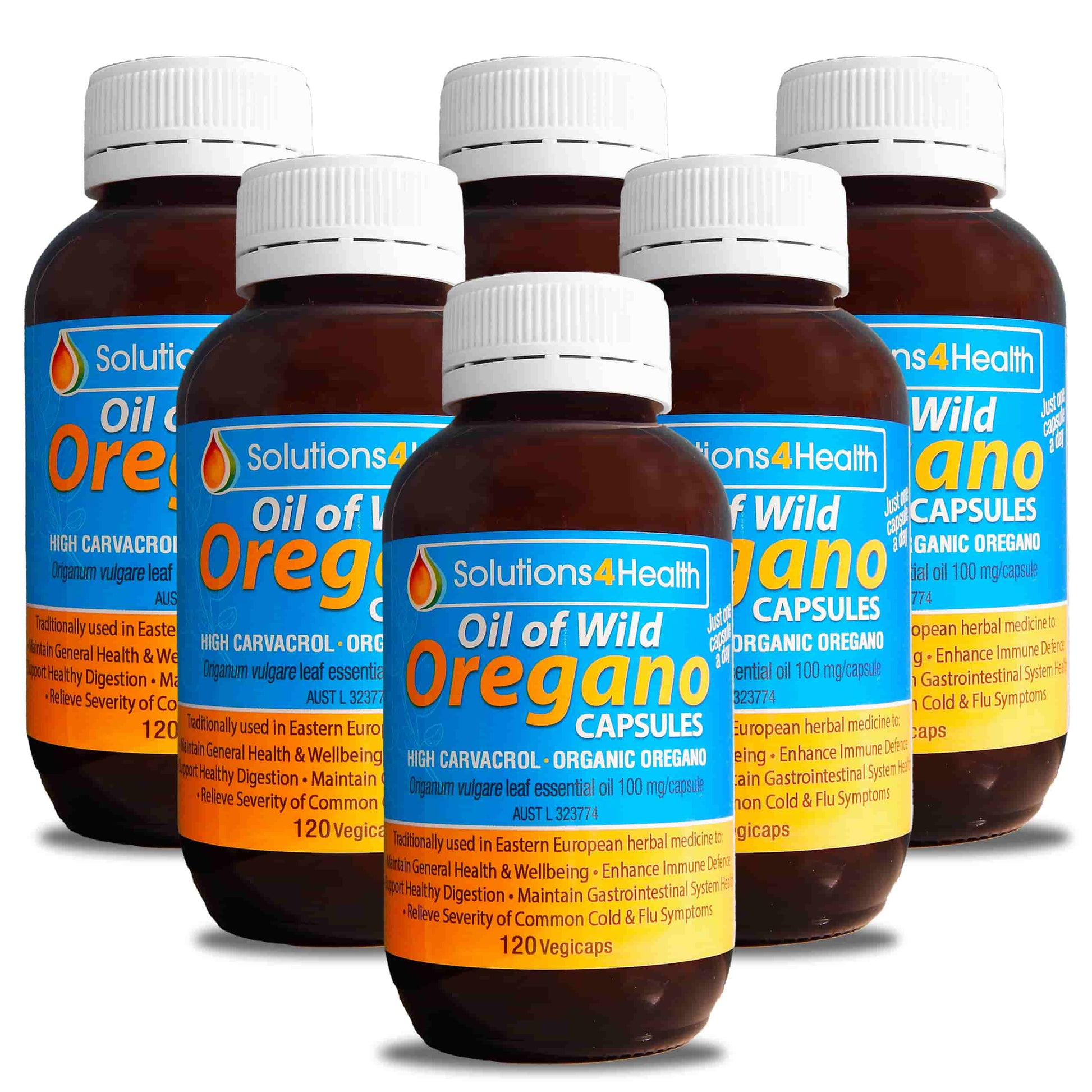 six bottles of oil of wild oregano 120 capsule bottles