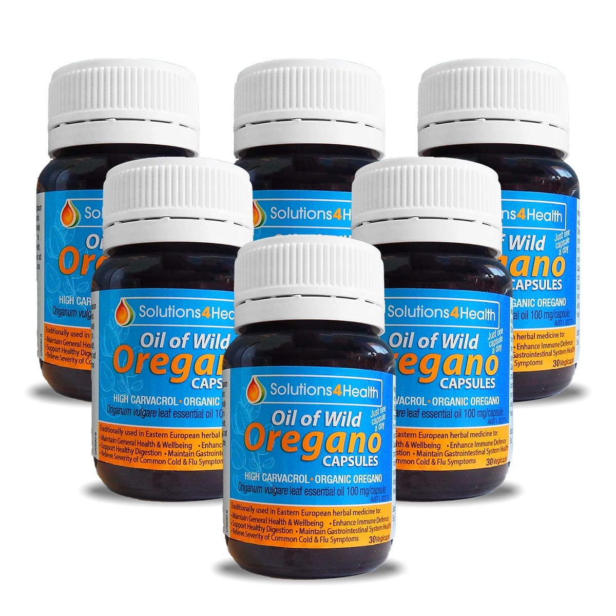 six bottles of oil of wild oregano 30 capsule bottles