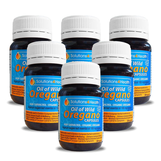 six bottles of oil of wild oregano 30 capsule bottles