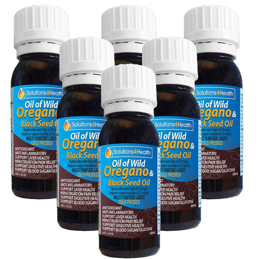 six bottles of Oil of Wild Oregano & Black Seed Oil 50ml bottles