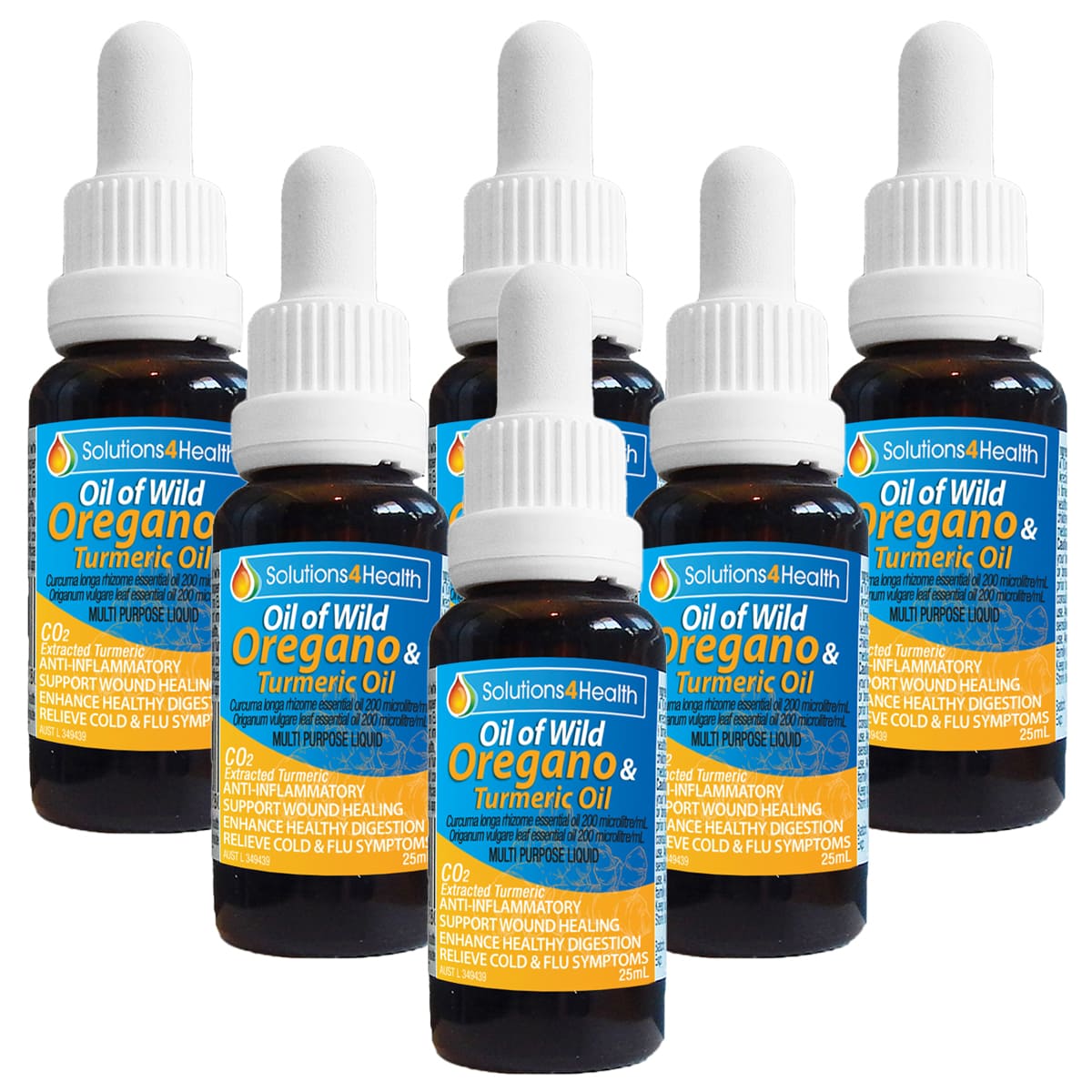 six bottles of oil of wild oregano & turmeric 25ml bottle