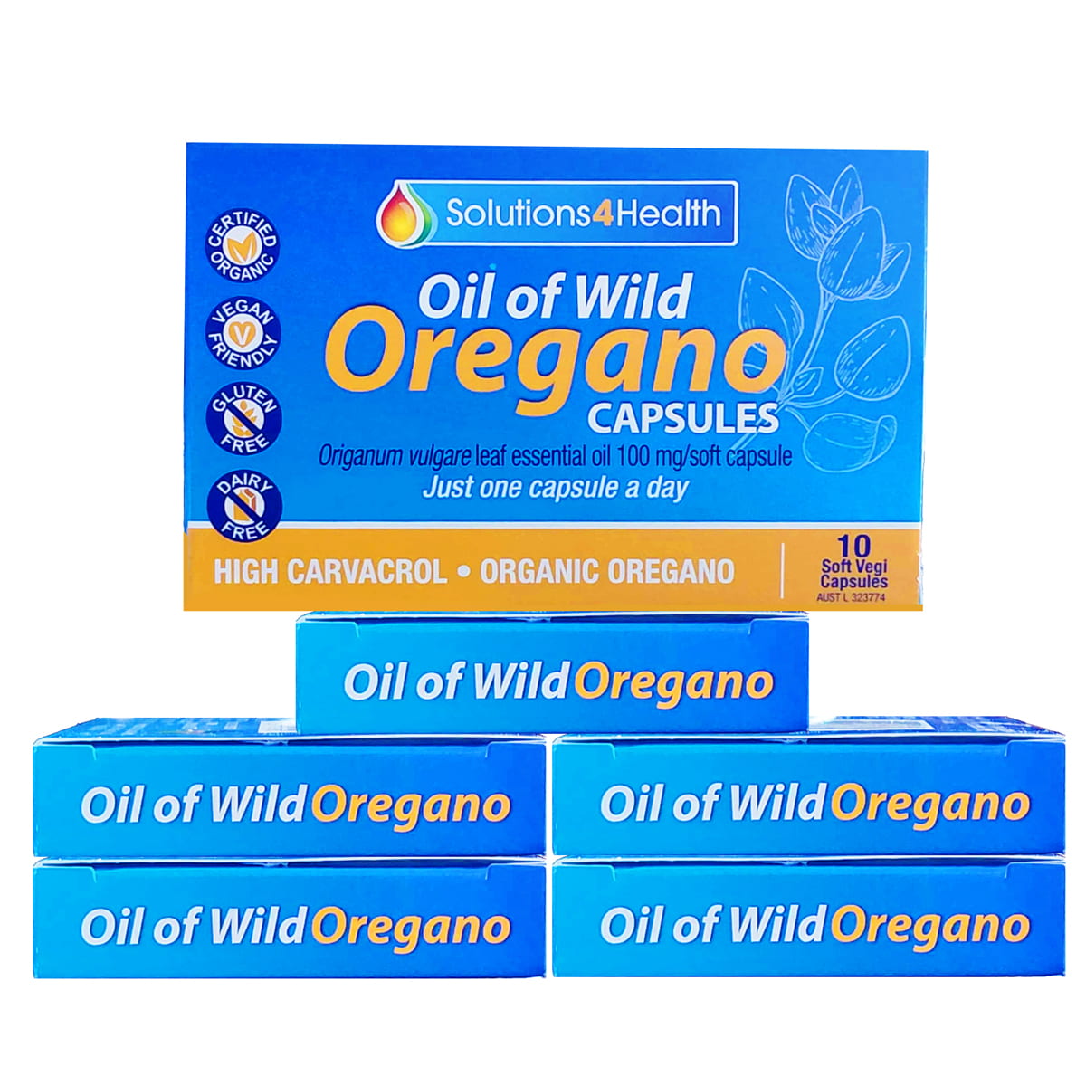 six packets of Oil of Wild Oregano 10 Capsule blister packets
