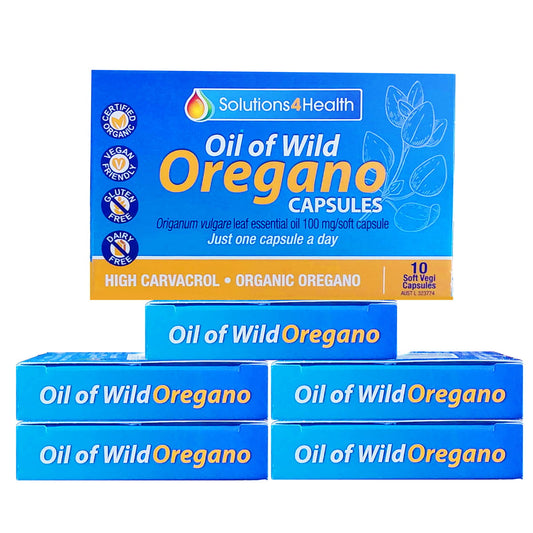 six packets of Oil of Wild Oregano 10 Capsule blister packets
