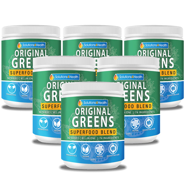 six tubs of Original greens superfood blend on white background