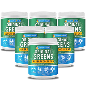 six tubs of Original greens superfood blend on white background