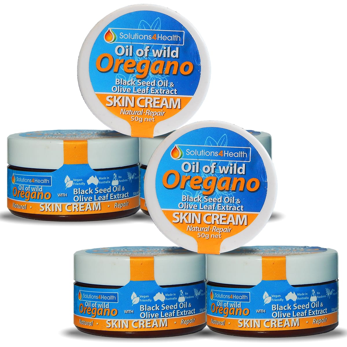 six tubs of Oil of Wild Oregano with Black Seed Oil and Olive Leaf Extract Skin Cream tub on white background