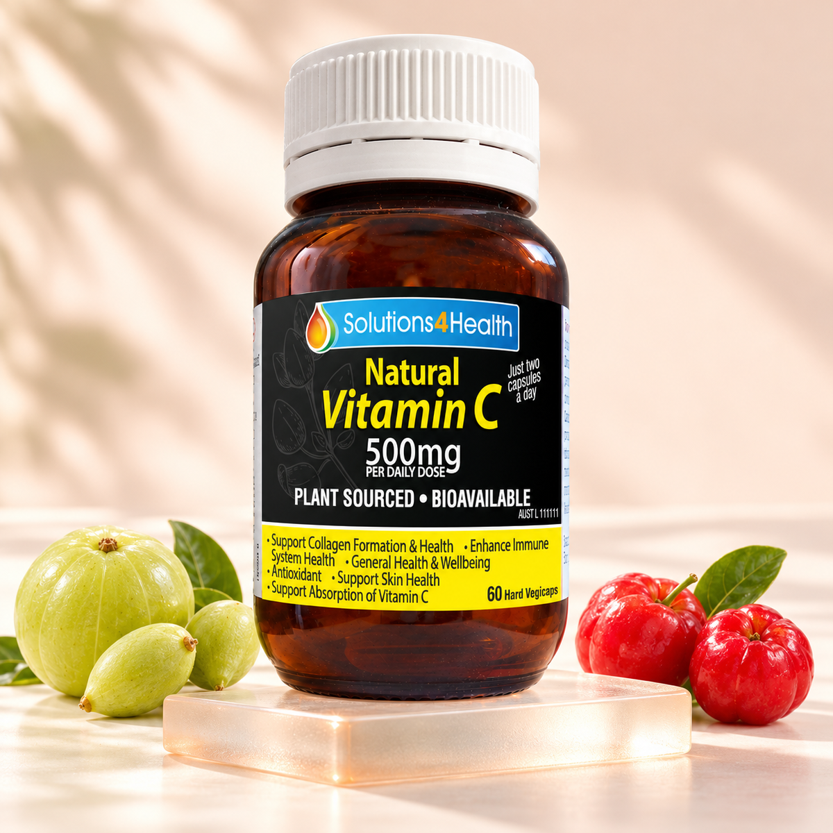 Solutions4Health Natural Vitamin C 60-capsule bottle with amla, Kakadu plum and acerola cherries.