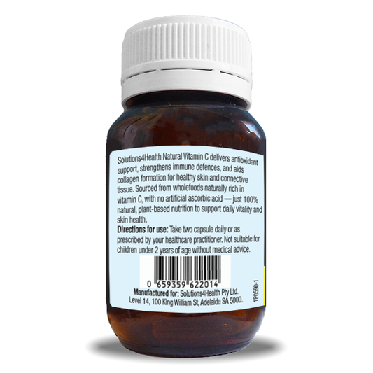 Solutions4Health Natural Vitamin C Bottle side label showing description and directions for use