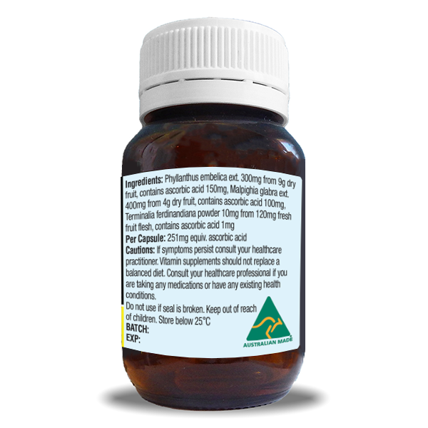 Solutions4Health Natural Vitamin C Bottle side label showing ingredients and cautions.