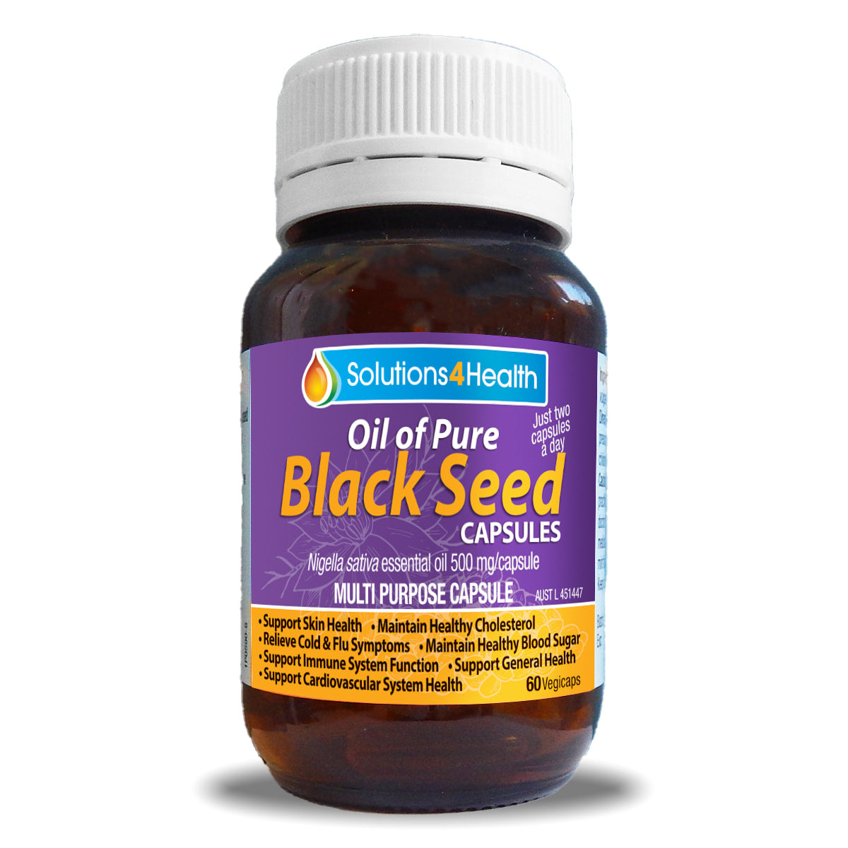 Bottle of Oil of Pure Black Seed capsules on a white background