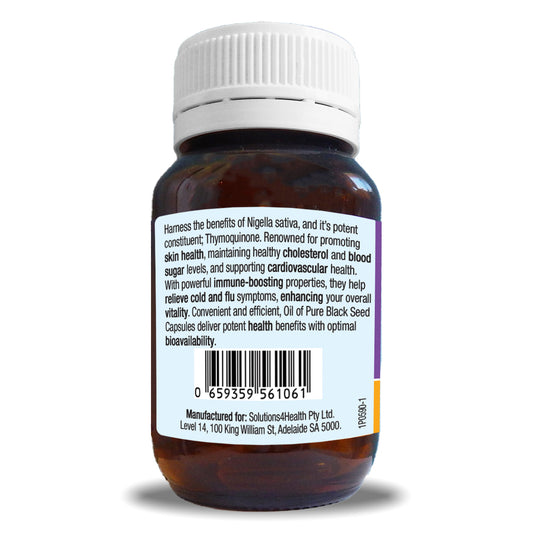 Side panel with description for oil of pure black seed 60 capsule bottle