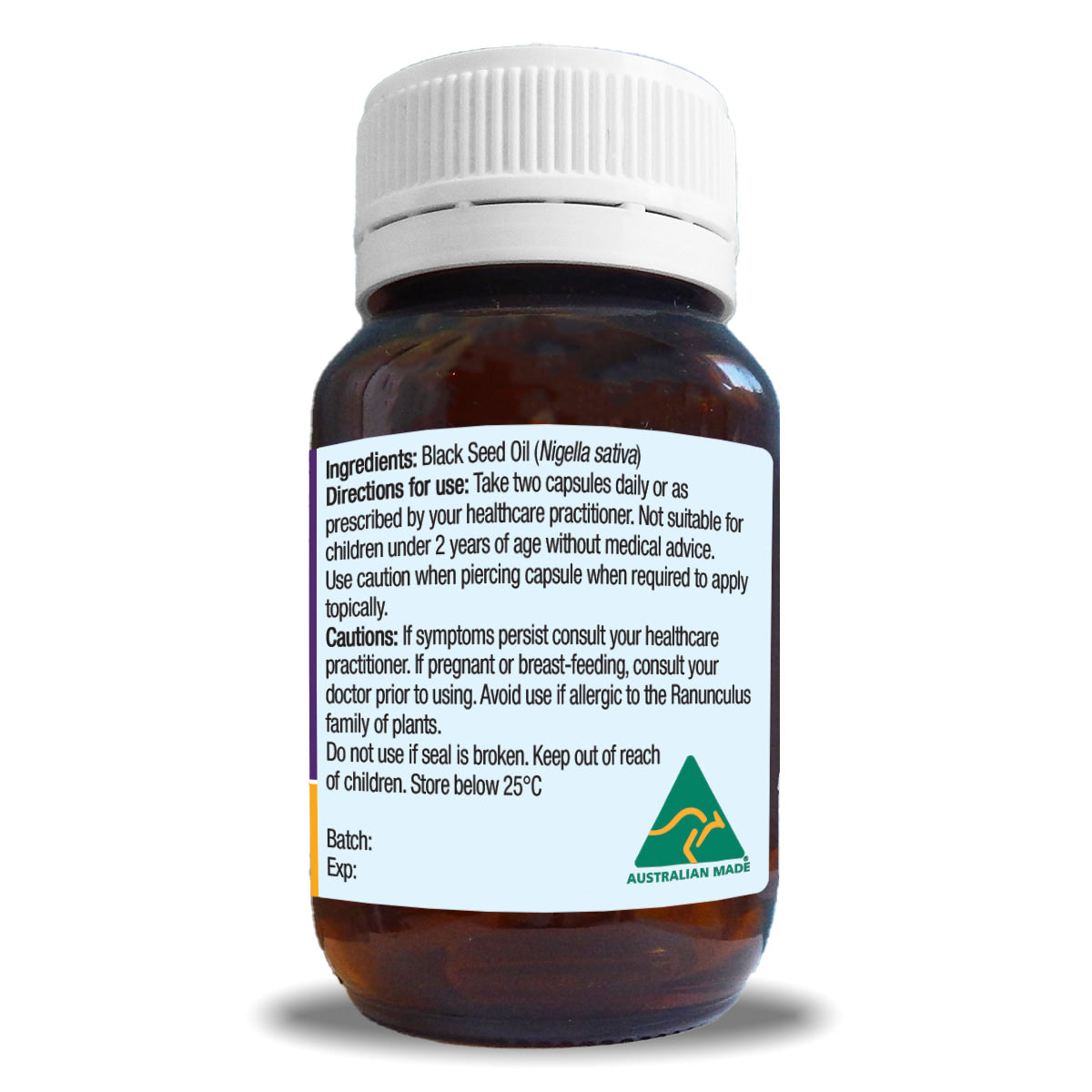 side panel with ingredients and cautions for oil of pure black seed 60 capsule bottle