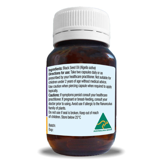 side panel with ingredients and cautions for oil of pure black seed 60 capsule bottle