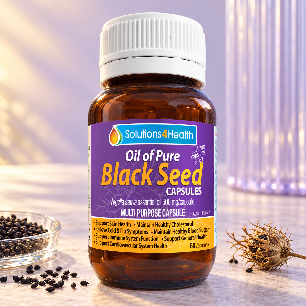 Solutions4Health Oil of Pure Black Seed 60 Capsules bottle with black seeds against a soft lilac background.