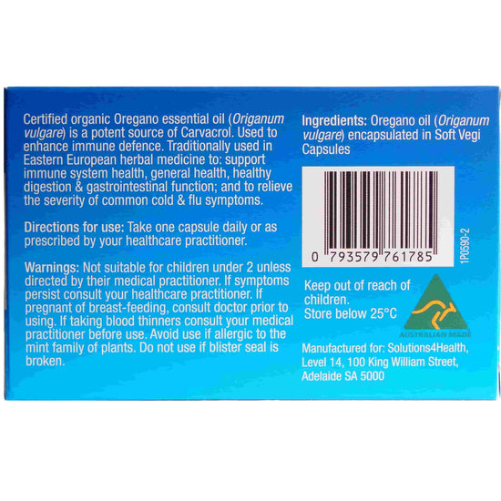 Back panel of Oil of Wild Oregano 10 Capsule Blister packet