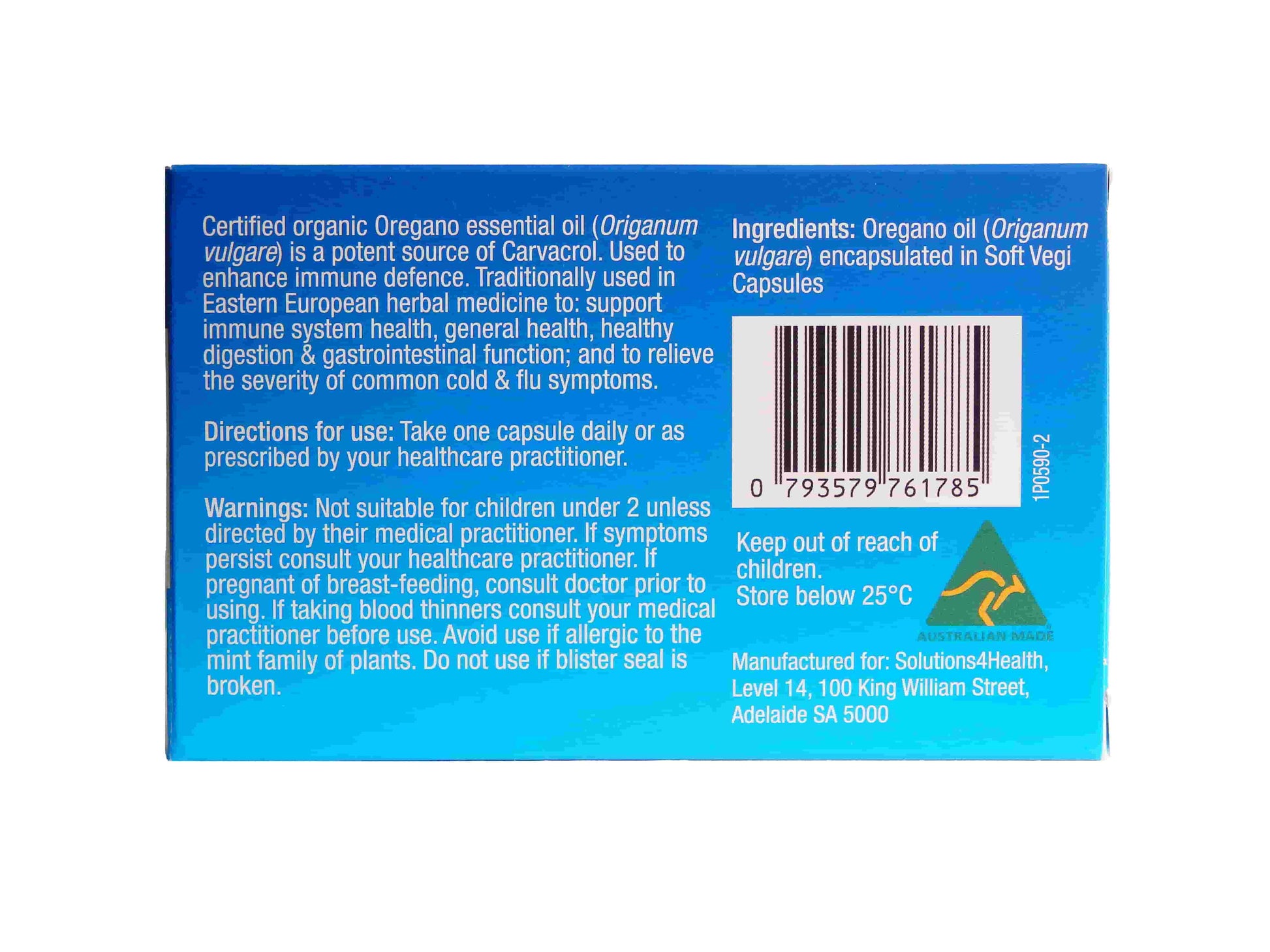 Back panel of Oil of Wild Oregano 10 Capsule Blister packet