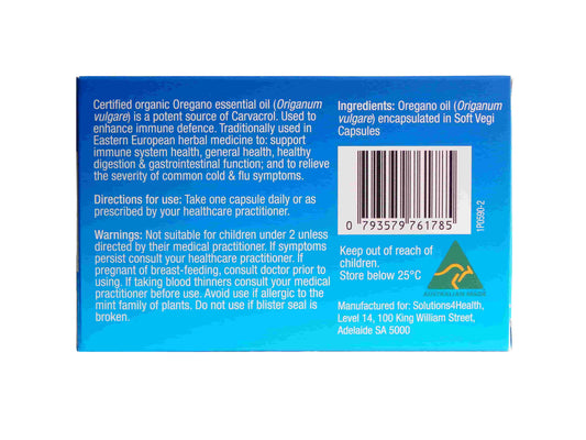 Back panel of Oil of Wild Oregano 10 Capsule Blister packet