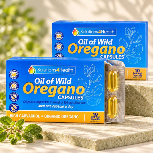 Solutions4Health Oil of Wild Oregano twin pack with two 10-capsule packets and a partially exposed blister showing golden capsules.