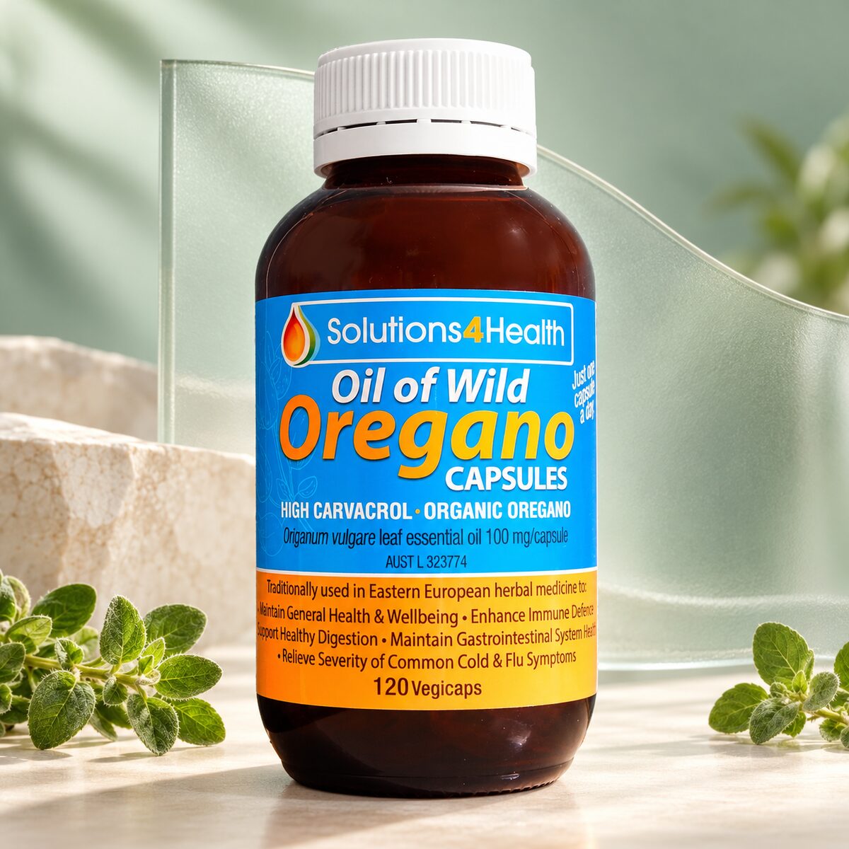 Solutions4Health Oil of Wild Oregano 120-capsule bottle with oregano sprigs on a sage background.
