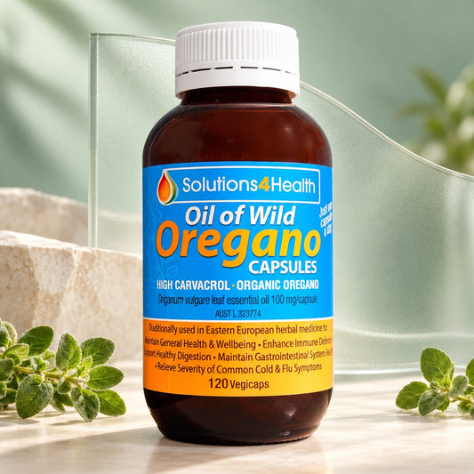 Solutions4Health Oil of Wild Oregano 120-capsule bottle with oregano sprigs on a sage background.
