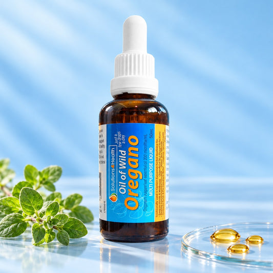 Solutions4Health Oil of Wild Oregano 50ml bottle with fresh oregano and golden oil droplets against a light blue background.