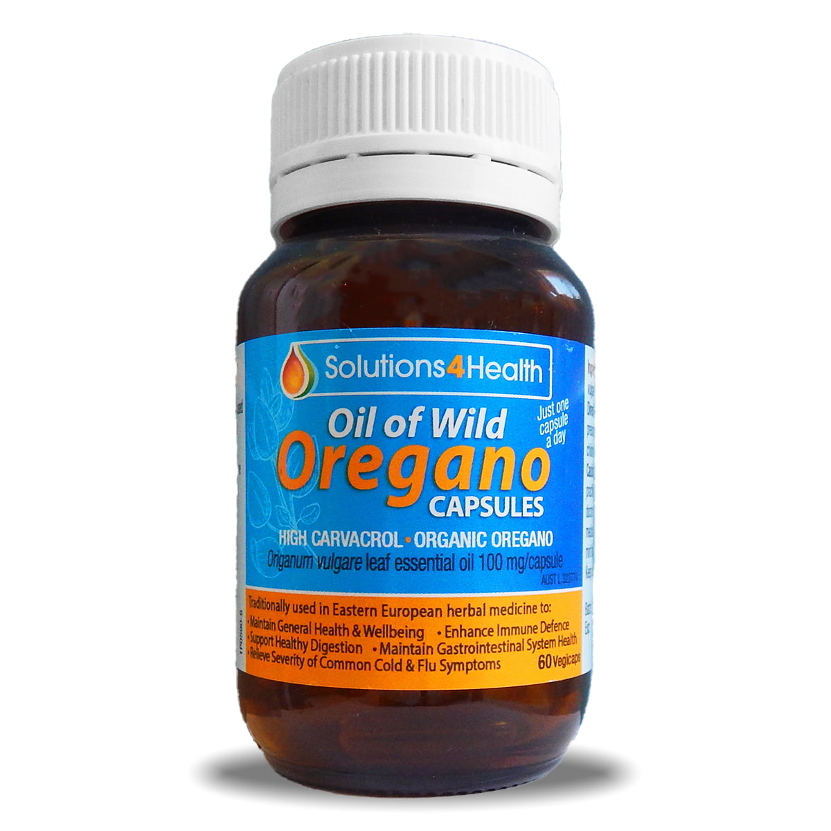 Bottle of Oil of Wild Oregano capsules with a white background