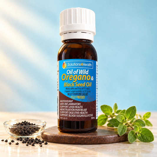 Solutions4Health Oil of Wild Oregano & Black Seed Oil 50ml bottle with fresh oregano and black seeds against an aqua blue background.