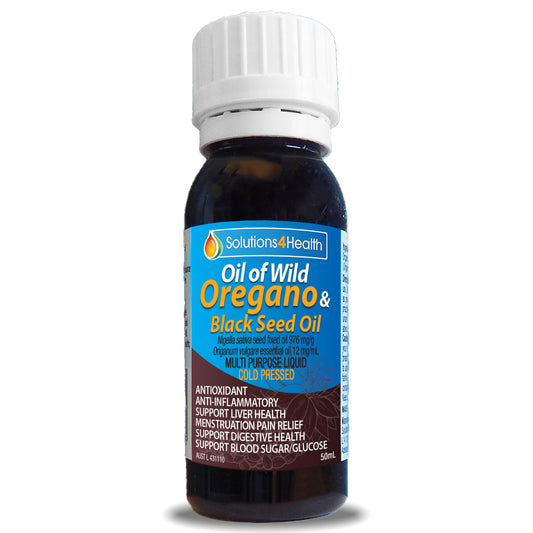Bottle of Oil of Wild Oregano & Black Seed Oil on white background