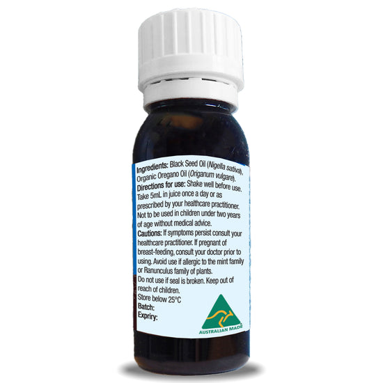 Side panel with ingredients and cautions for Oil of Wild Oregano & Black Seed Oil 50ml Bottle