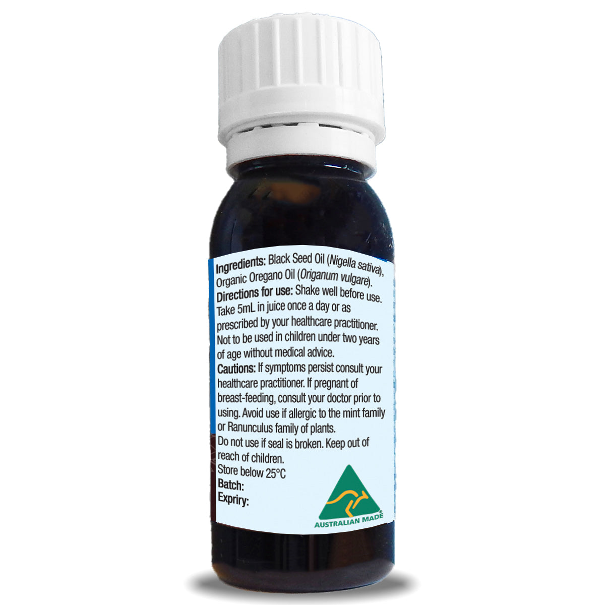 Side panel with ingredients and cautions for Oil of Wild Oregano & Black Seed Oil 50ml Bottle