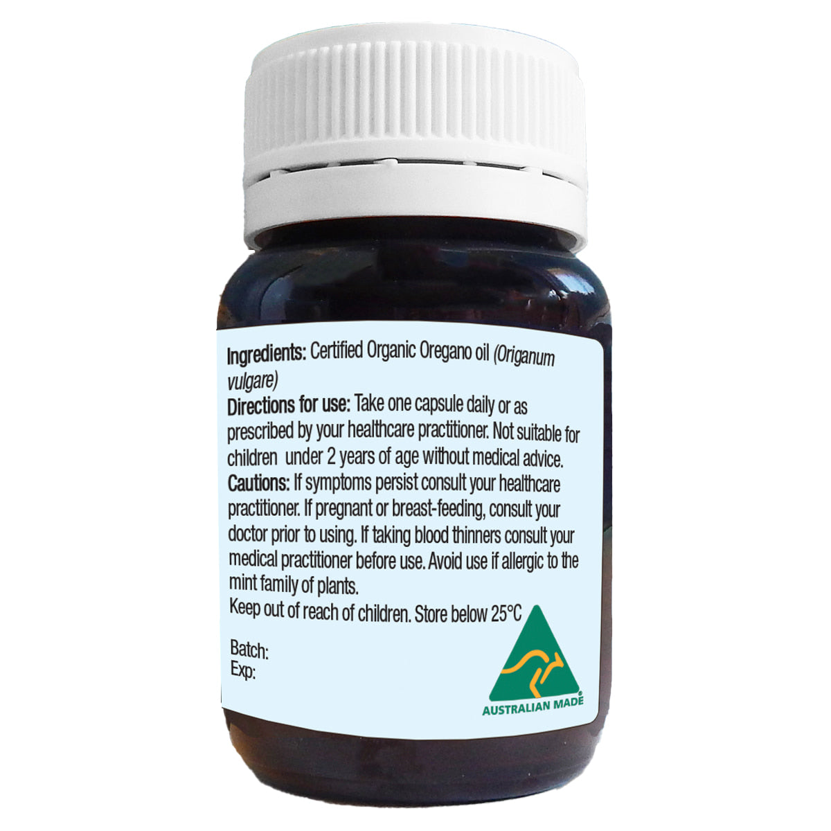 side panel with ingredients and cautions for oil of wild oregano capsule bottle