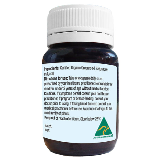 side panel with ingredients and cautions for oil of wild oregano capsule bottle