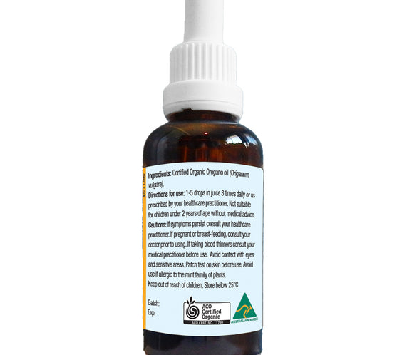 Ingredients and cautions panel of Oil of Wild Oregano liquid bottle